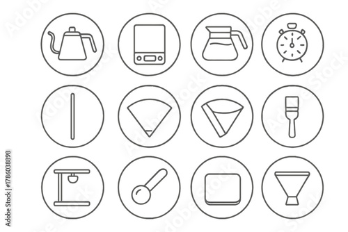 Coffee Gear Icons. Line style icons of coffee gear in round shape: gooseneck kettle, scale, glass server, timer; stirring stick,