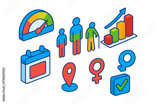 Voting Icons Illustration. Isometric vector illustration set Voting and elections – voter turnout gauge, rising bar graph, color