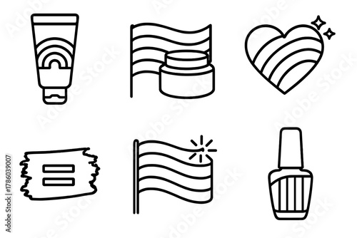 Pride Beauty Icons. Line style icons of pride and beauty fusion: rainbow gloss tube, flag behind cream jar, shimmer heart icon,