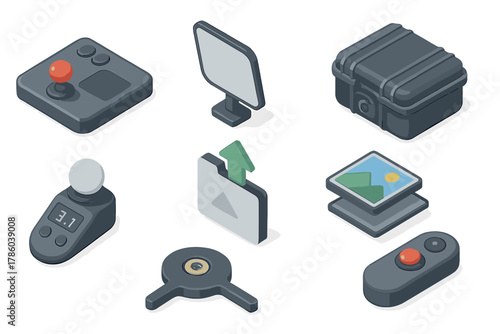 Photography Equipment Isometric. Isometric vector illustration set of Camera and Photography: photo editing joystick, light bounce