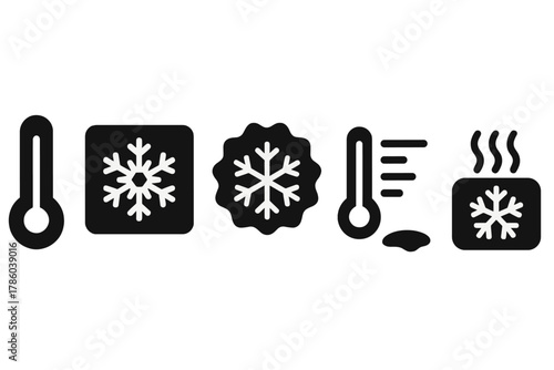 Temperature and Ice Icons. Solid style icons of temperature and ice status: thermometer glyph, freeze icon, crystal badge. Melting