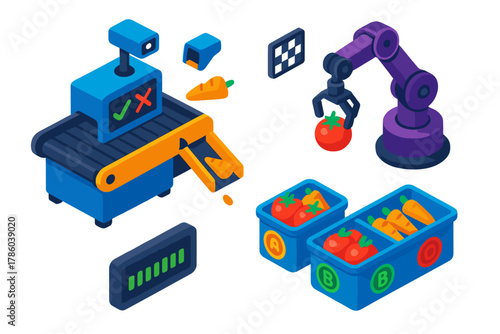 Smart Farming Technology. Isometric vector illustration set Smart farming – AI-driven sorting machine, conveyor belt, reject chute