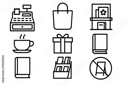 Bookstore Icons Collection. Line style icons of Bookstore: Cash Register, Tote Bag, Bestseller Shelf, Coffee Cup, Gift Wrap,
