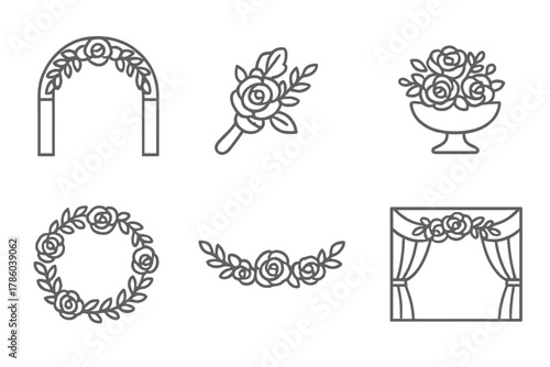 Event Floral Icons. Line style icons of Events and flowers: wedding arch, corsage, boutonniere, centerpiece, wreath, garland,