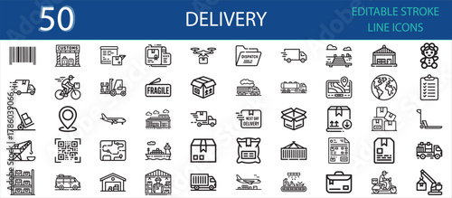 Editable line icon set representing delivery and logistics services. Includes courier, van, truck, drone, package, barcode, warehouse, GPS tracking, customs, fragile, and shipping icons.