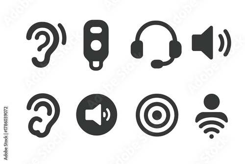 Sensory Aid Icons. Solid style icons of sensory aids: ear signal device icon, clicker cue badge, coaching headset slab. Audio