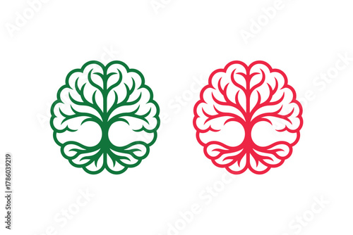 Two stylized tree of life symbols, one green and one red, are displayed side-by-side against a white background.