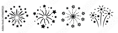 Fireworks vector illustration set, new year celebration, party, festive, holiday, black design