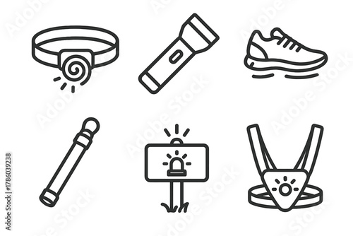 Outdoor Light Tool Icons. Line style icons of outdoor light tools: headlamp spiral, flashlight wand, glow shoe soles, camping