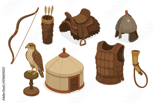 Mongol Warfare Iconography. Isometric vector illustration set of Historical warfare: Mongol curved bow, fur quiver, nomad saddle.