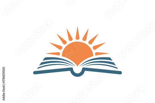 An open book with a sun rising over its pages symbolizes learning and knowledge.