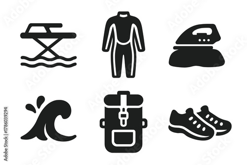 Extreme Ironing Icons. Line style icons of Extreme Ironing: ironing board in river, wetsuit icon, iron on rock, splash wave symbol
