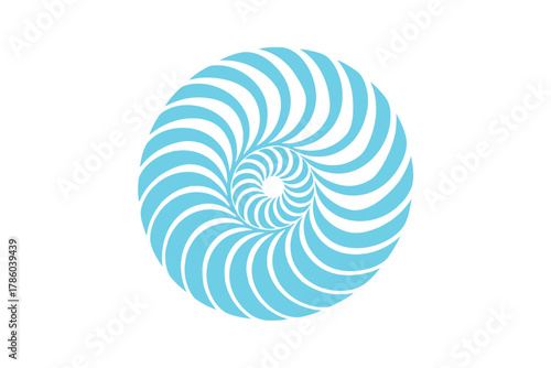 A bright blue abstract spiral pattern forms a hypnotic vortex against a clean white background, creating a sense of depth and motion.