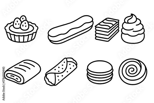Pastry Icon Collection. Line style icons of Pastry making: tart, éclair, mille-feuille, cream puff, strudel, cannoli, macaron,