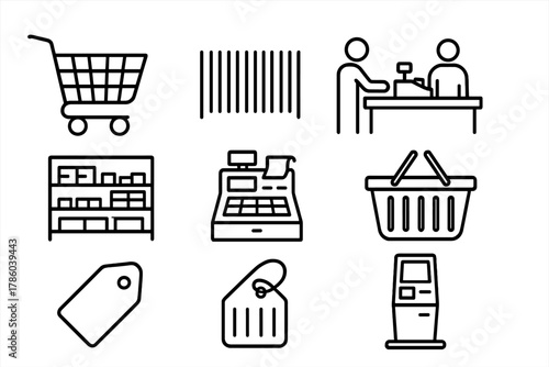 Supermarket Line Icons. Line style icons of Supermarket: Shopping Cart, Barcode, Checkout, Aisle, Cash Register, Shopping Basket,