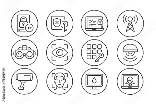Espionage Tech Icons. Line style icons of espionage tech in round shape: encrypted drive, security bypass, code cracker, signal