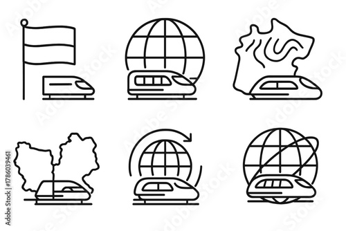 Global Maglev Icons. Line style icons of global maglev routes: country flag and train icon, international maglev plan, map with