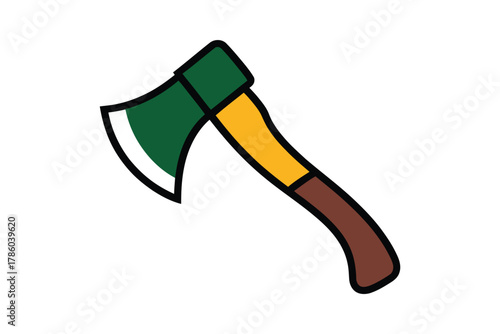A cartoon drawing of a green axe with a yellow and brown handle is depicted against a white background.