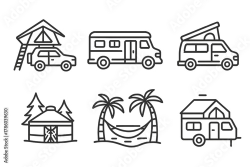 Shelter Options Icons. Line style icons of shelter options: rooftop tent, converted school bus, cargo van home, pop-up camper,