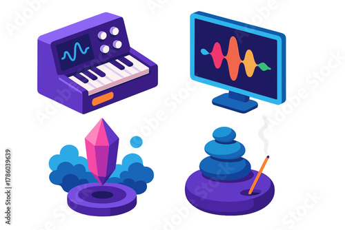 Vibrant Musical Icons. Isometric vector illustration set Musical genres – ambient synth, wave table screen, soft pad icon;