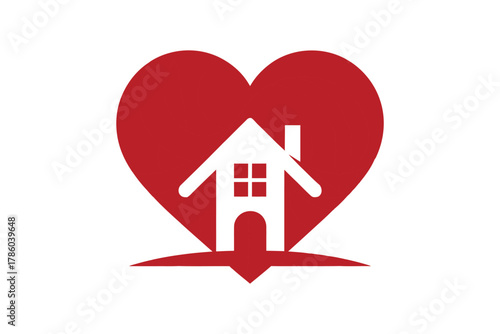 A red heart symbol with a house silhouette inside, representing love and home.