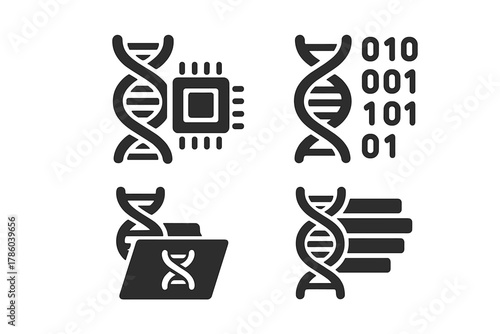 DNA Data Storage Icons. Solid style icons of DNA data storage: DNA double helix with chip, molecule and binary code, genetic data