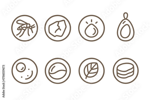 Amber Line Icons. Line style icons of amber in round shape: insect in amber, cracked amber, glowing amber piece, hanging pendant;