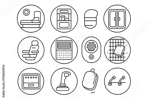 Space Station Interior Icons. Line style round vector icons of Space Station Interior: Sleeping Quarters, Food Dispenser, Storage