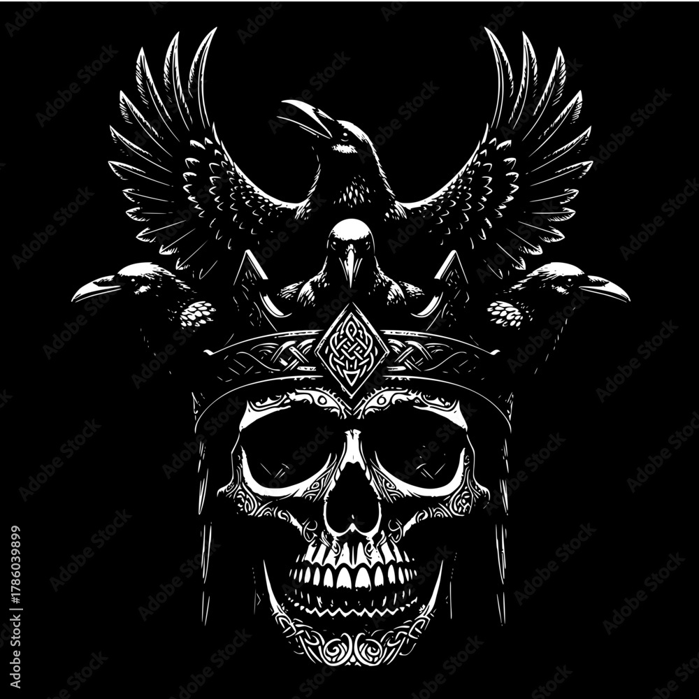 Obraz premium Black and White Engraving of a Viking Skull Wearing a Crown of Ravens, Feathers Spreading in Perfect Symmetry, Deep Engraved Textures, Strong Monochrome Composition, Norse Mythology Artwork