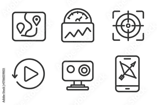 Digital Training Icons. Line style icons of digital tracking and training tools: GPS riding route, speed monitor chart, aim