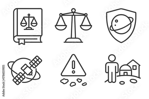 Space Policy Icons. Line style icons of space policy and ethics in education: space law book, ethical exploration scale, planetary