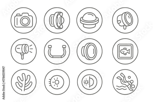 Underwater Photography Icons. Line style round vector icons of Underwater Photography: Waterproof Camera, Wide-Angle Lens, Dome