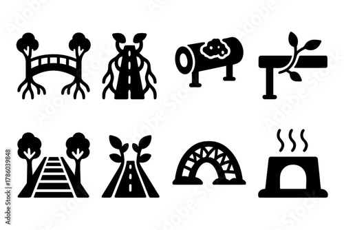 Symbiotic Infrastructure Icons. Solid style icons of symbiotic infrastructure: root-bridged walkway, fungal fiber road,