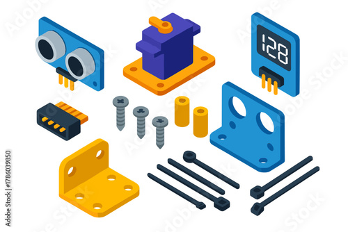 Robotics Kit Components. Isometric vector illustration set Robotics kits – ultrasonic sensor, servo bracket, distance display;