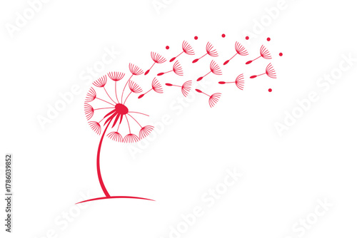 A stylized dandelion scatters its seeds in the wind, depicted in a minimalist red line art style against a white background.
