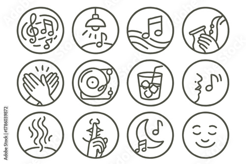 Jazz Mood Icons. Line style icons of jazz mood in round shape: swirling music notes, dim lighting, slow tempo, candle on table;