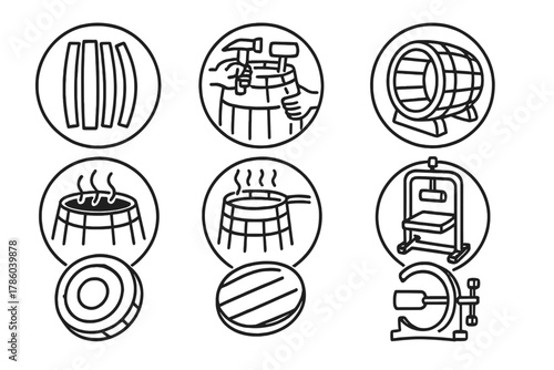Cooperage Line Icons. Line style icons of cooperage in round shape: barrel staves, hoop fitting, open head, hammering tool;