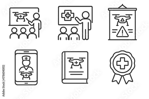 Medical Drones Awareness. Line style icons of education and awareness for medical drones: school drone demo, public health