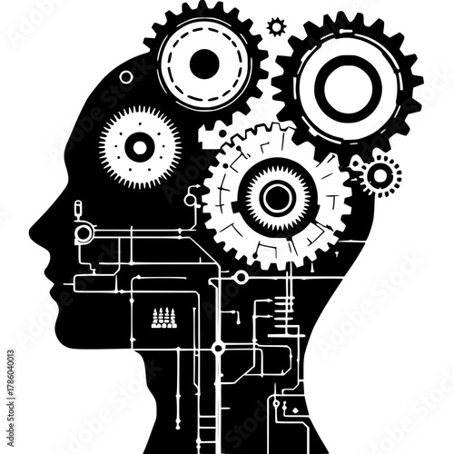 Mind's Mechanical Marvel: An intriguing silhouette of a human head, intricately interwoven with gears and circuits, symbolizes the complexity and innovation within the mind.