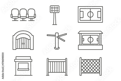 Soccer Stadium Icons. Line style icons of Soccer Stadium: Seats, Floodlights, Scoreboard, Entrance Gate, Turnstile, Big Screen,