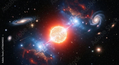 A vibrant cosmic scene with a starburst, nebula, and galaxies in the background. The central object is a bright, glowing orb with a fiery orange and red hue