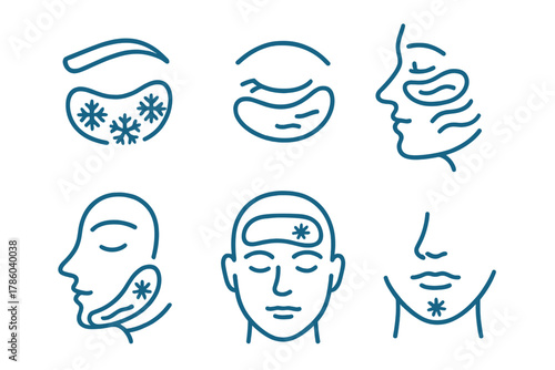 Cryotherapy Facial Icons. Line style icons of facial zones in cryotherapy: icy brow arch, chilled under-eye area, cool cheeks flow