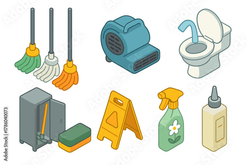 Isometric Cleaning Tools. Isometric vector illustration set of Cleaning Services: colored mop heads, toilet seat sanitizer, carpet