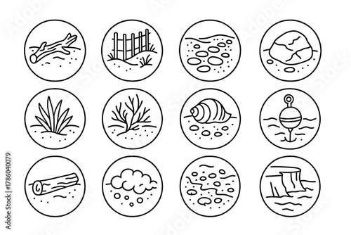 Coastal Elements Icons. Line style icons of coastal elements in round shape: driftwood, dune fence, pebble path, beach rock;