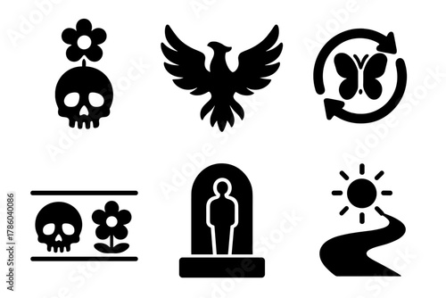 Death and Rebirth Icons. Solid style icons of death and rebirth symbolism: skull + flower glyph, phoenix icon, transformation ring