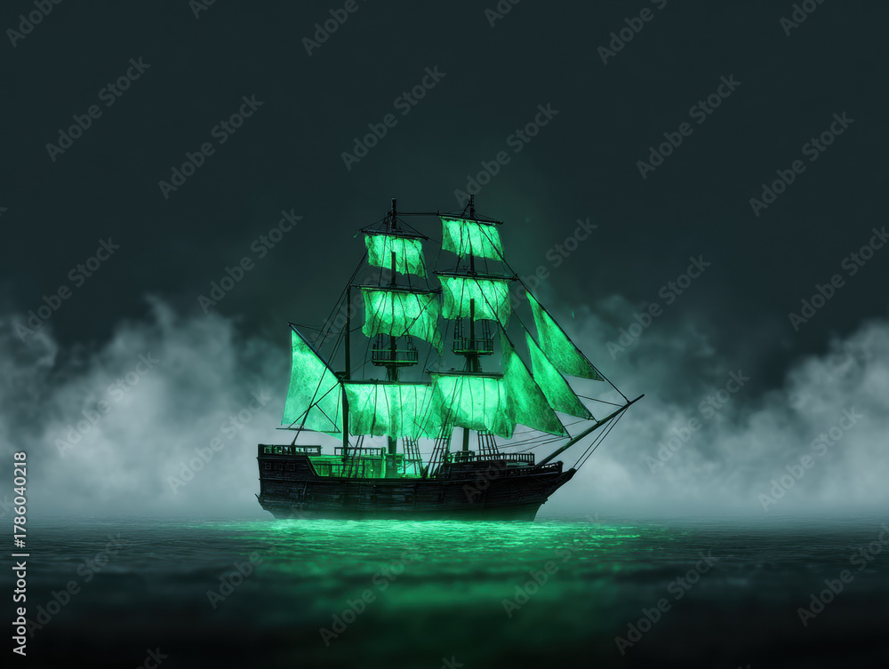 Fototapeta premium Phantom pirate ship with spectral green sails glows eerily against dark, misty background, creating haunting atmosphere