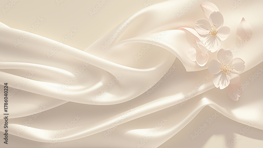 Obraz premium 白いシルクのドレープと桜の花の背景