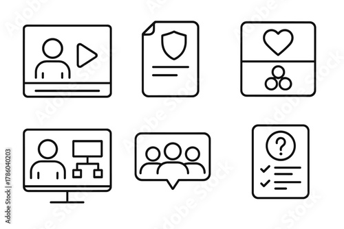 Microlearning Onboarding Icons. Line style icons of onboarding through microlearning: welcome video module, policy flashcard,