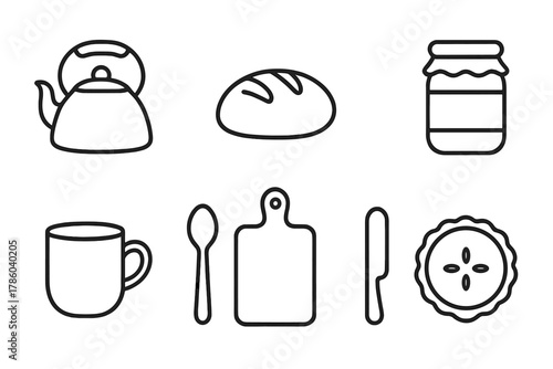 Cottage Kitchen Icons. Line style icons of Cottage kitchen: kettle, loaf of bread, rolling pin, jar, mug, spoon, cutting board,