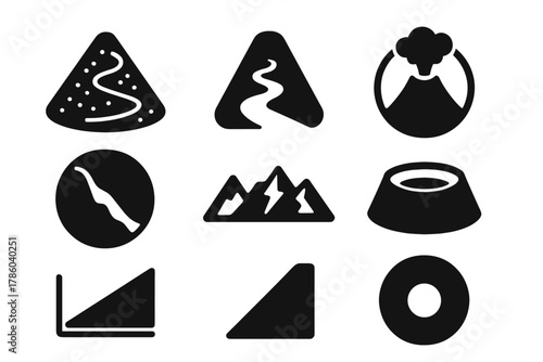 Volcanic Slope Icons. Solid style icons of volcanic slope types: ash dune glyph, rocky path icon, cinder cone badge. Steep slide